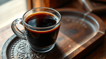 Coffee in a glass cup on a wooden tray, close upの写真素材