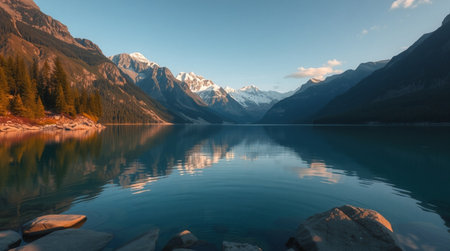 Mountain lake in Canadian Rockies. Panoramic view. Concept of active and photo tourismの写真素材