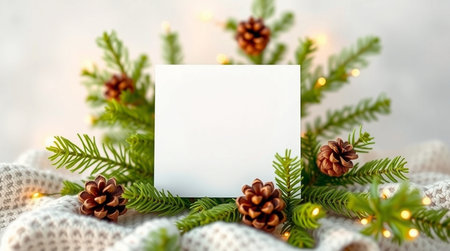 Christmas greeting card mockup with christmas tree branches and pine cones.