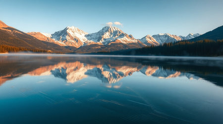 Mountains reflected in the lake. Canadian Rockies, Alberta, Canadaの写真素材
