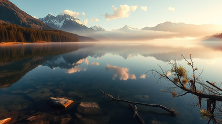 Mountain lake in the morning mist. New Zealand alps.の写真素材