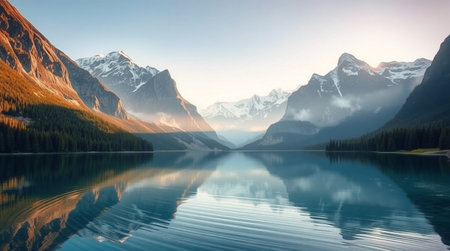 Mountains reflected in the calm lake. Canadian Rockies. Alberta, Canadaの写真素材