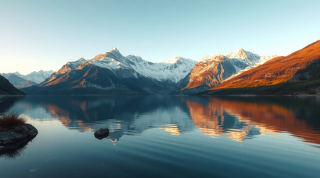 Mountains reflected in the lake. Panoramic view. Canadian Rockies.の写真素材