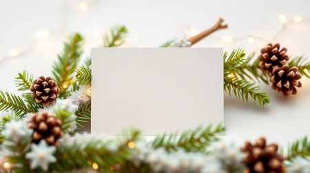 Christmas greeting card mockup. Fir branches, pine cones, garland lights on white background. Top view.の写真素材