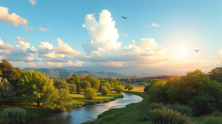 Sunset over the river in the summer. Beautiful nature landscape.の写真素材