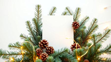 Christmas greeting card mockup with fir branches, pine cones and garland lights on white backgroundの写真素材