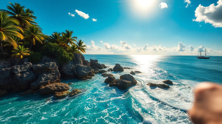 Panoramic view of beautiful tropical island with palm trees, turquoise sea and blue sky.の写真素材