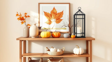 Autumn composition with pumpkins and autumn leaves. 3d illustrationの写真素材