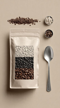 Coffee beans in a paper bag on a beige backgroundの写真素材