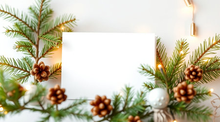 Christmas greeting card mockup with fir branches and pine cones on white backgroundの写真素材
