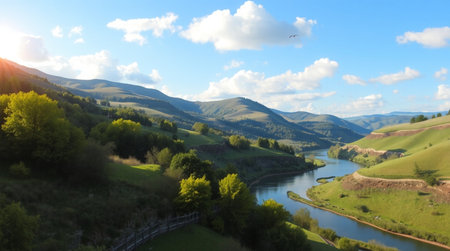 Panoramic view of the valley and the river in the mountains