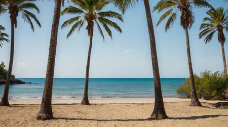 Palm trees on the sandy beach against the background of the seaの写真素材