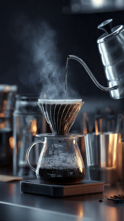 Coffee brewing in a geyser on a black backgroundの写真素材