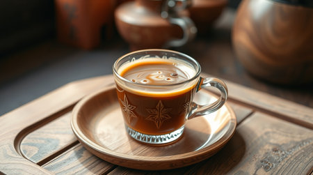 Cup of coffee on wooden table, closeup. Space for textの写真素材