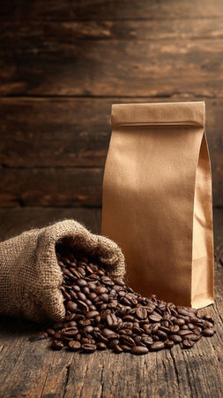 coffee beans in a bag on old wooden background with copy spaceの写真素材