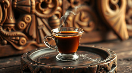 Cup of coffee on wooden table, closeup. Space for textの写真素材