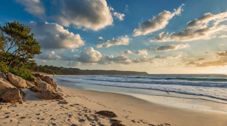 Panoramic view of a beautiful beach at sunsetの写真素材