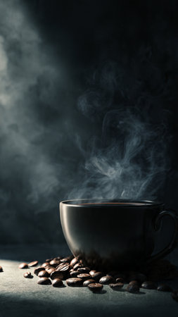 Coffee cup and coffee beans on a dark background with smokeの写真素材