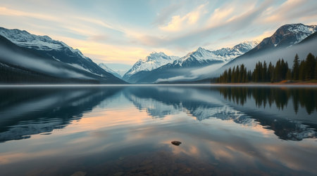 Mountains reflected in the lake at sunrise, Jasper National Park, Alberta, Canada