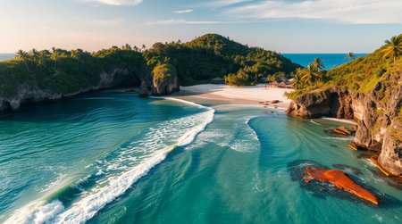 Aerial view of beautiful beach with turquoise water and white sand at sunset timeの写真素材