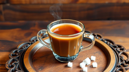 Cup of coffee with sugar cubes on wooden tray, closeupの写真素材