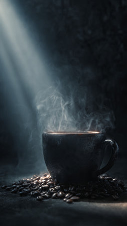 Coffee cup and coffee beans on dark background with smoke.の写真素材