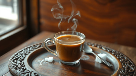 Cup of coffee with smoke on table in cafe, closeupの写真素材