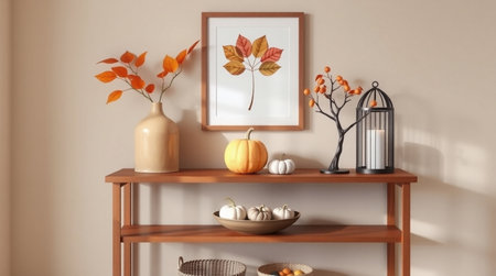 Autumn composition with pumpkins and autumn leaves on wooden shelf. 3d renderの写真素材