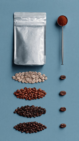 coffee beans in a plastic bag and a spoon on a blue backgroundの写真素材