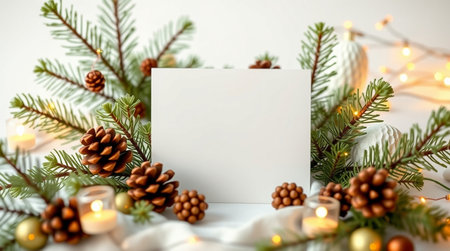 Christmas greeting card mockup with fir branches, cones and candles on white backgroundの写真素材