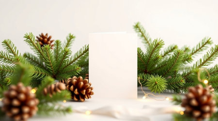 Christmas greeting card mockup with fir tree branches on white background.の写真素材