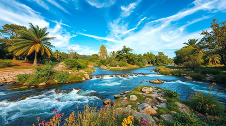 Panoramic view of the Waikato River in New Zealandの写真素材