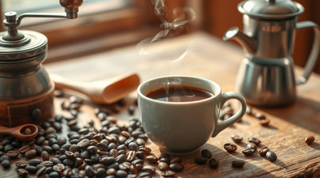 Cup of coffee and coffee beans on wooden table, closeupの写真素材