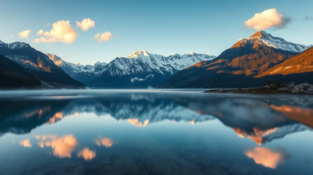 Mountains reflected in the calm lake at sunriseの写真素材