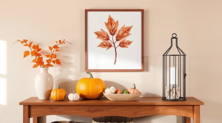 Autumn composition with pumpkins, autumn leaves and candlestick on wooden table