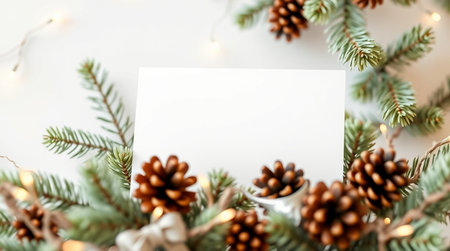 Christmas greeting card mockup with fir branches and pine cones on white backgroundの写真素材