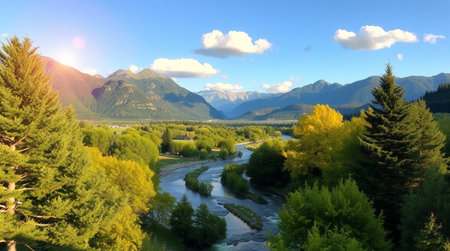 Beautiful panoramic view of the Altai mountains and the Chuya river.