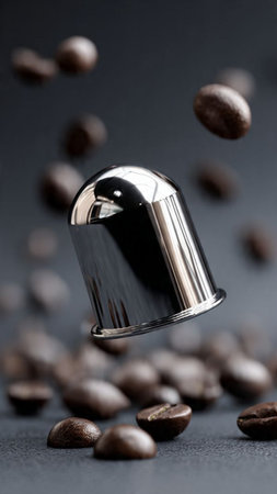 Coffee beans falling into a coffee mill on a black background