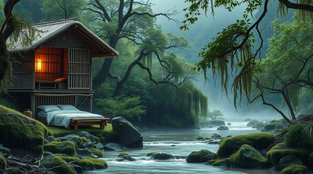 Mountain landscape with a river and a wooden house. 3d renderingの写真素材
