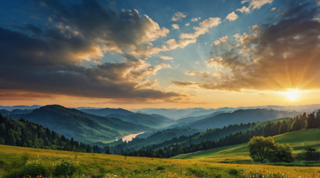 Sunset in the mountains. Beautiful summer landscape. Carpathian, Ukraine.の写真素材