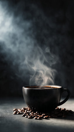 Coffee cup and coffee beans on a dark background with smokeの写真素材