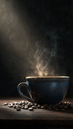 Coffee cup and coffee beans on a wooden table with smoke