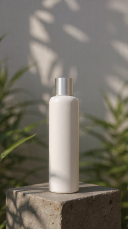 White cosmetic bottle on concrete pedestal in front of natural background.の写真素材