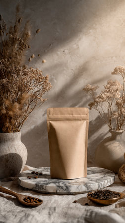 Coffee bag and dried flowersle table. Copy space.の写真素材