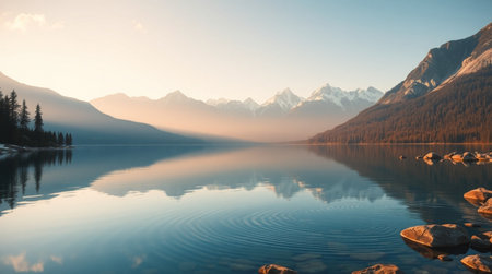 Mountains reflected in the lake at sunrise, Canadian Rockies, Alberta, Canadaの写真素材
