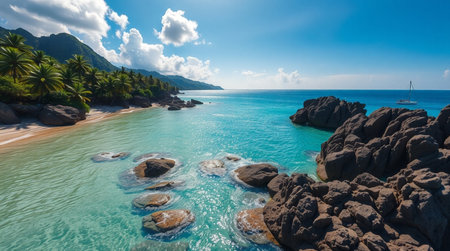 Panoramic view of tropical beach in Seychelles.の写真素材