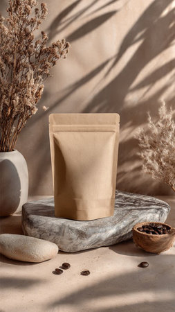 coffee beans in a paper bag on a stone stand and a vase of dried flowers