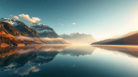 Beautiful landscape with mountains and lake. 3d render illustration.の写真素材