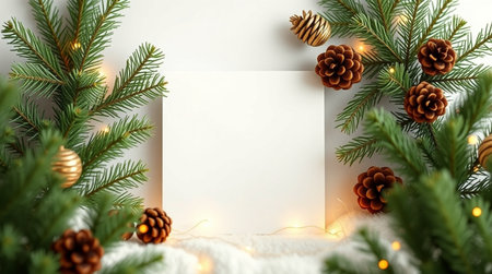 Christmas greeting card mockup with fir branches, pine cones and lights on white backgroundの写真素材