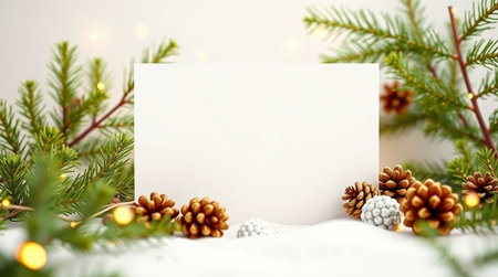 Christmas greeting card with fir branches, pine cones and garland lights on white background